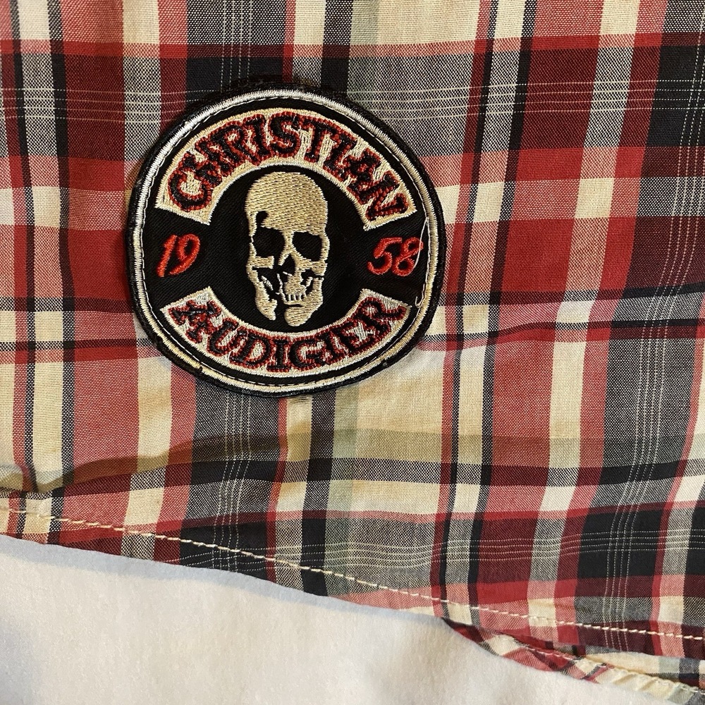 Christian Audigier Button up Mens Medium M Plaid Skull Patch Biker Red - Picture 3 of 6